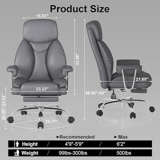 Big and Tall Office Chair, Executive Home Office Desk Chair, Comfy Leather High-Back Reclining Computer Chair with Retractable Footrest and Padded Arms, 360°Swivel Rolling Wheels, Wide Seat, Gray