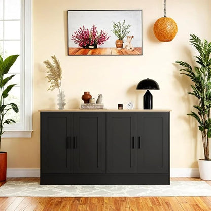 Black Sideboard Buffet with 4 Doors, Accent Coffee Bar, Kitchen Cabinet for Living Room, Kitchen or Hallway