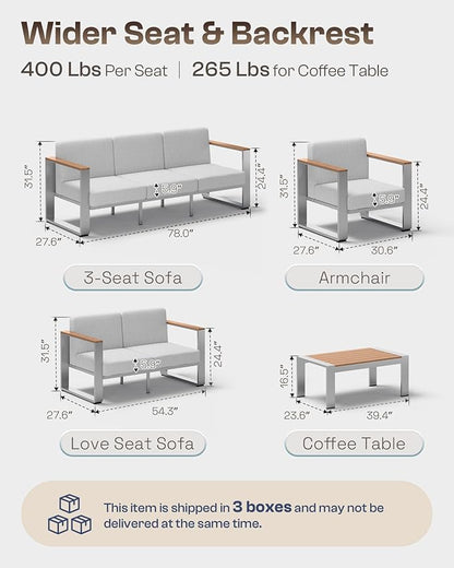 Aluminum Patio Furniture Set, 5 Seats Outdoor Patio Conversation Sets with Ergonomic Seat and Wide Washable Thick Cushions, Modern Outdoor Sectional Furniture for Balcony, Porch (Teak-Gray)
