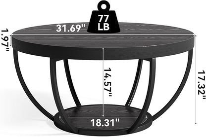 LITTLE TREE Round Coffee Table, 32" Circle Coffee Table for Living Room, 2-Tier Wood Accent Center Table with Open Storage Industrial Design Home Furniture (Black)