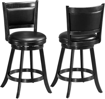COSTWAY Bar Stools Set of 2, 360 Degree Swivel, Accent Wooden Swivel Back Counter Height Bar Stool, Fabric Upholstered Design, PVC Cushioned Seat (2 stools, Black 24'' Height)