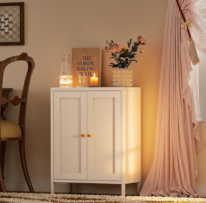 Bathroom Storage Cabinet, Metal Sideboard Cabinet, White Bathroom Floor Cabinets with 2 Doors and Adjustable Shelves for Kitchen, Living Room, Entryway,Office (White, 31.5" H)