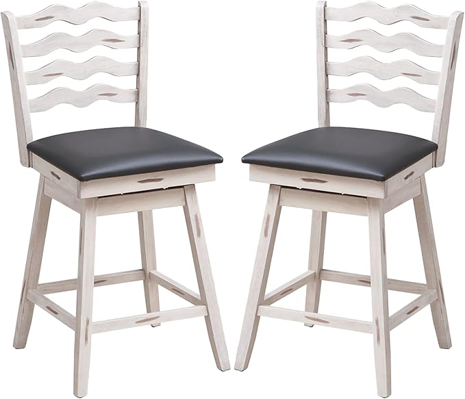 COSTWAY Bar Stools Set of 2, 25” 360° Swivel Counter Height Chairs with Rubber Wood Frame, Cushioned Seat, Ergonomic Backrest & Footrest, Wooden Upholstered Barstools for Kitchen Island (2, 25”)