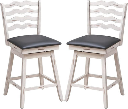 COSTWAY Bar Stools Set of 2, 25” 360° Swivel Counter Height Chairs with Rubber Wood Frame, Cushioned Seat, Ergonomic Backrest & Footrest, Wooden Upholstered Barstools for Kitchen Island (2, 25”)