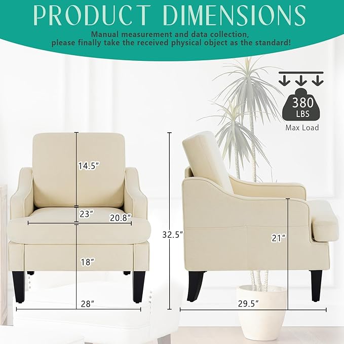 Modern Accent Chair for Bedroom Upholstered Reading Chair with Side Pockets Comfy Living Room Chairs Living Room Armchair for Office, Apartment, Small Room (Beige)