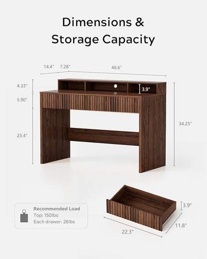 Fluted Executive Desk with Storage Shelf, 47" Modern Wood Home Office Desk with Long Monitor Stand & 2 Drawers, Writing Study Computer Table Vanity Desks, Brown