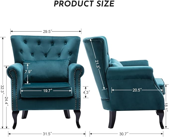 Accent Reading Arm Chairs Set of 2 for Living Room Bedroom, Midcentury Modern Comfy Corner Sofa Chair, Wingback Waiting Room Club Chair with Button Tufted Back &Lumbar Pillow, Velvet Teal