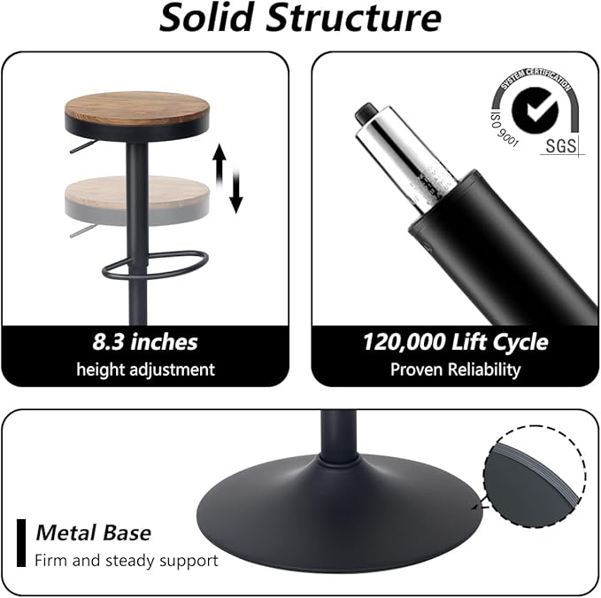 Kidol & Shellder Bar Stools Set of 4 Round Adjustable Swivel Barstools Modern Backless Bar Chairs Wooden Seat Counter Height Stools Armless for Kitchen Island, Cafe, Dining Room Black