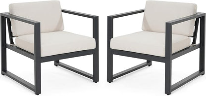 Christopher Knight Home Navan Set of 2 Outdoor Patio Club Chairs with Cushions, Aluminum Outdoor Armchair, Garden Sofa Lounge Chairs, Patio Conversation Set for Porch Backyard Garden, Beige+Black