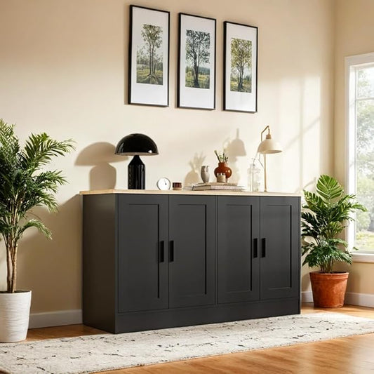 Black Sideboard Buffet with 4 Doors, Accent Coffee Bar, Kitchen Cabinet for Living Room, Kitchen or Hallway