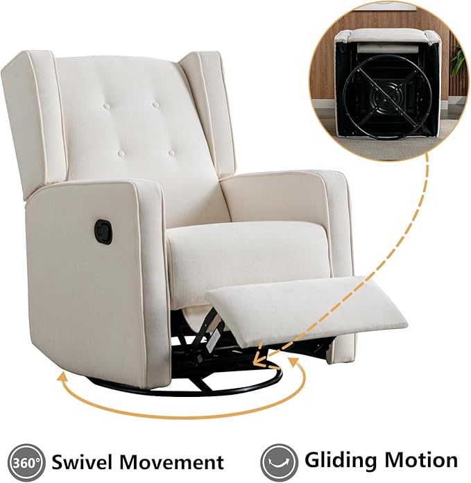 CANMOV Swivel Rocker Recliner Chair, Nursery Glider Chair, Nursery Rocking Chairs, Manual Reclining Chair, White