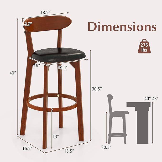 COSTWAY Bar Stool Set of 2, 30.5'' Bar Height Barstools w/Curved Backrest, Faux Leather Cushion & Rubber Wood Frame, Mid Century Modern Island Chairs for Kitchen Bar Cafe, Walnut