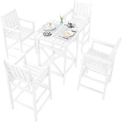 5 Pieces Adirondack Bar Chairs Set, HDPE Patio Bar Height Table and Chairs, Tall Adirondack Outdoor Bar Stools Set, HDPE Patio Bar Sets Furniture for Garden, Poolside, Bistro, Pearl
