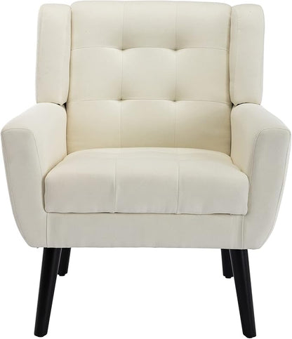 Dolonm Midcentury Modern Accent Chair with Arms, Upholstered Fabric Reading Side Chair Tufted Back Decorative Wingback Chair for Living Room Bedroom (Beige)