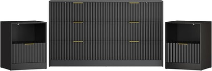 3-Piece Modern Bedroom Furniture Set, Wide 6-Drawer Dresser & 1-Drawer Nightstands Set of 2, Natural Wood Dresser and Nightstand Sets for Bedroom, Hallway, Black