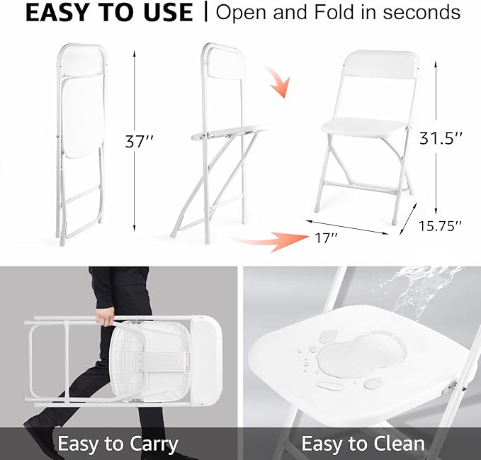 4 Pack White Folding Chairs, Portable Stackable Commercial Foldable Chair,Indoor Outdoor Plastic Folding Chair for Events/Office/Home/Wedding/Party, 400lbs Capacity