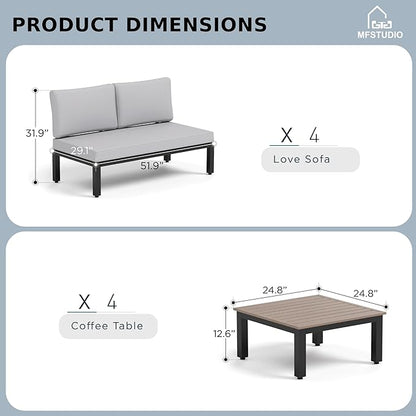 MFSTUDIO 8 Pieces Patio Furniture Set with 10ft 3 Tier Auto-tilt Umbrella,Outdoor Metal Frame Patio Sectional Sofa Conversation Set with 4 Coffee Tables&Removable Cushion for Backyard,Garden,Poolside