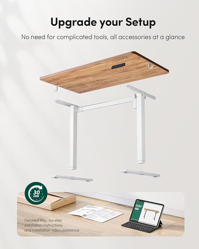 FEZIBO One-Piece Standing Desk Adjustable Height Stand up Home Office Desk, 48x24 Inch Electric Standing Computer Desk, with 4 Memory Presets, Headphone Hook, Light Rustic