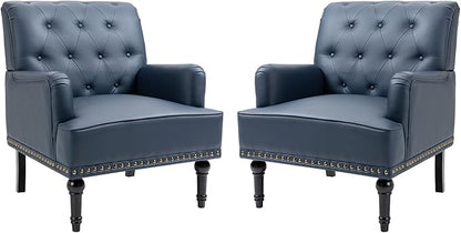 MOJAY Faux Leather Accent Chair Set of 2, Mid-Century Modern Living Room Chair Lounge Study Sofa Chair with Sturdy Wood Legs, Club Chair Armchair for Bedroom Home Study Reception (DarkBlue)