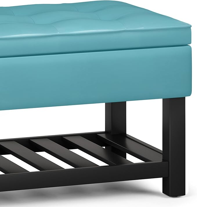 SIMPLIHOME Cosmopolitan 44 inch Wide Transitional Rectangle Storage Ottoman Bench with Open Bottom in Soft Blue Vegan Faux Leather, Assembled for the Living Room and Bedroom