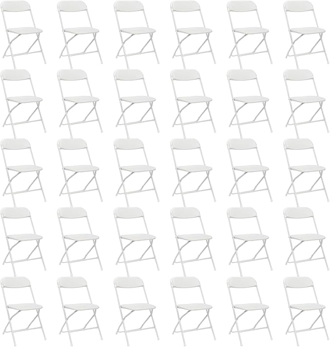 30 Pack White Plastic Folding Chairs, Portable Party Chairs, Stackable Commercial Seats with Steel Frame for Home Office Wedding Party Indoor Outdoor Events Chairs, 350lbs Capacity
