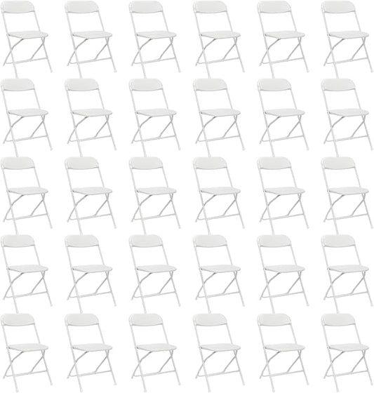 30 Pack White Plastic Folding Chairs, Portable Party Chairs, Stackable Commercial Seats with Steel Frame for Home Office Wedding Party Indoor Outdoor Events Chairs, 350lbs Capacity