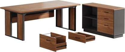 Tribesigns 63‘’ L-Shaped Executive Desk, Office Table with 39.37-Inch Drawers Cabinet, Large Computer Desk with Storage Shelves, Business Furniture Set for Home Office, Brown & Black