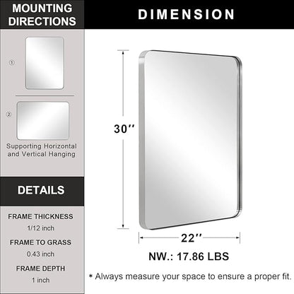 ANDY STAR Brushed Nickel Mirror for Bathroom, 22"x30" Silver Metal Frame Wall Mirror, Rectangular Stainless Steel Rounded Corner