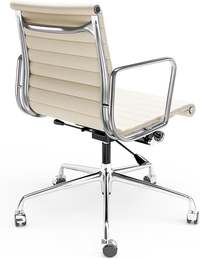 Mid Back Genuine Leather Ribbed Office Chair-Ergonomic Desk Chair with Aluminum Alloy Armrest & Frame, Swivel Silent Wheels & Tilt Function, Adjustable Height