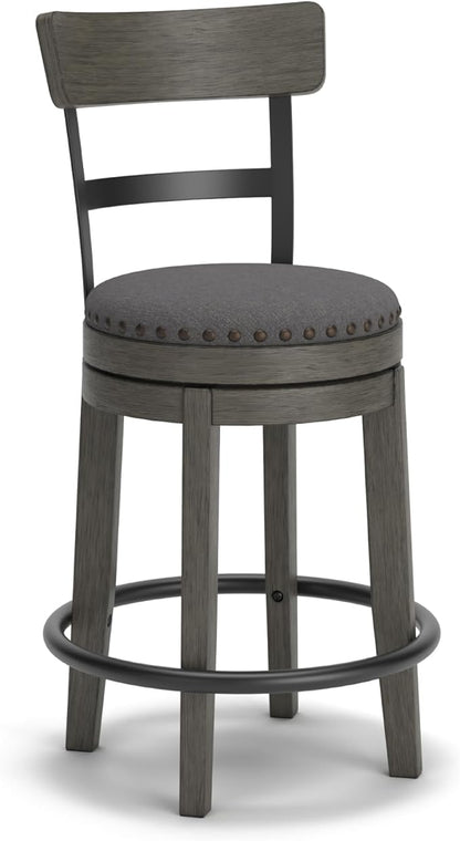 Signature Design by Ashley Caitbrook | Farmhouse Swivel 24" Counter Height Barstool – 360° Swivel, Upholstered with Nailhead Trim, Metal & Wood Frame, Gray
