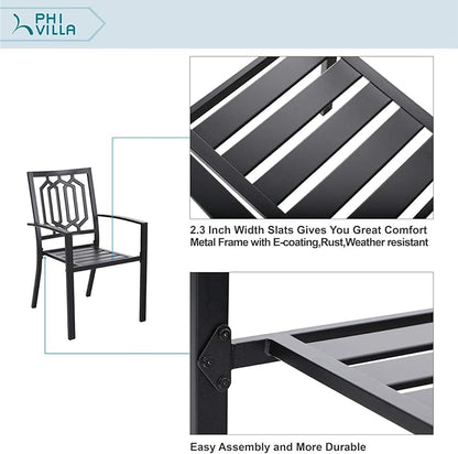 PHI VILLA Metal Outdoor Dining Chairs Set of 6 - Stackable Black Patio Chairs, 300lb Capacity (Geometry)