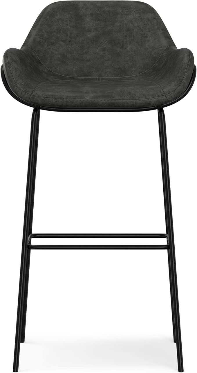 SIMPLIHOME Mira Bar Stools (Set of 2) - 30 inch Seat Height Upholstered Metal Bar Chairs in Distressed Slate Grey Vegan Faux Leather, Contemporary Seating with Curved Cushioned Seat and Armrests