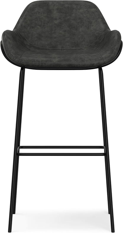 SIMPLIHOME Mira Bar Stools (Set of 2) - 30 inch Seat Height Upholstered Metal Bar Chairs in Distressed Slate Grey Vegan Faux Leather, Contemporary Seating with Curved Cushioned Seat and Armrests