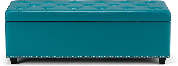 SIMPLIHOME Hamilton 48 inch Wide Transitional Rectangle Storage Ottoman in Mediterranean Blue Vegan Faux Leather, Assembled, For the Living Room, Entryway and Family Room