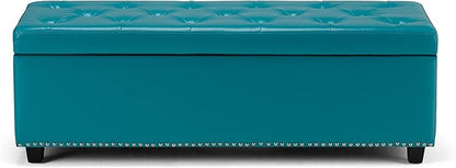 SIMPLIHOME Hamilton 48 inch Wide Transitional Rectangle Storage Ottoman in Mediterranean Blue Vegan Faux Leather, Assembled, For the Living Room, Entryway and Family Room