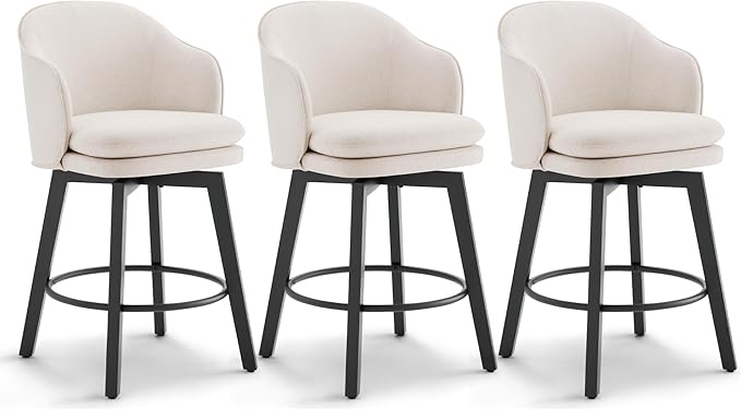 Counter Height Barstools 26 inch Upholstered Swivel Bar Stools with Back and Wood Legs for Kitchen Island,Set of 3,Beige Fabric