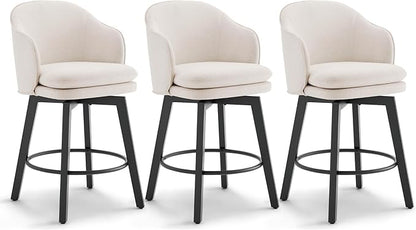 Counter Height Barstools 26 inch Upholstered Swivel Bar Stools with Back and Wood Legs for Kitchen Island,Set of 3,Beige Fabric