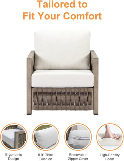 Patio Chair, Outdoor Aluminum Chair with Thick Washable Cushions, Rope Weave Outdoor Armchair Furniture Patio Sofa Armchair, Deep Seating Outside Furniture for Garden, Porch, Balcony, Gray Oak