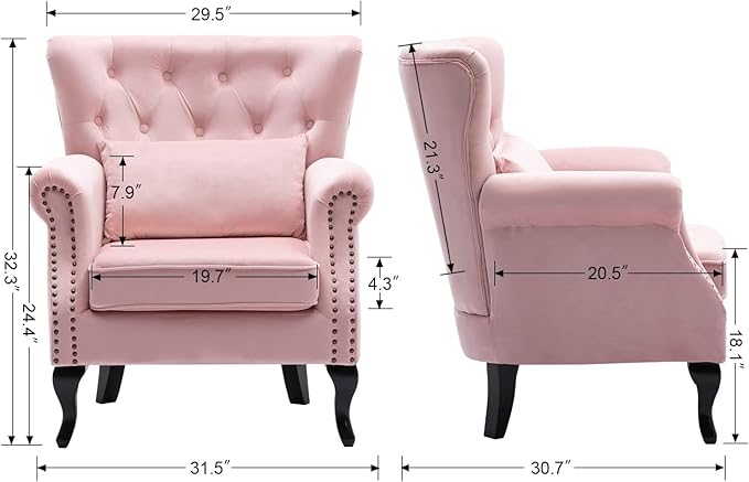 chairus Mid-Century Modern Accent Chair Comfy Tufted Single Sofa Chair Wingback Armchair with Pillow for Club, Living Room, Bedroom - Velvet, Pink