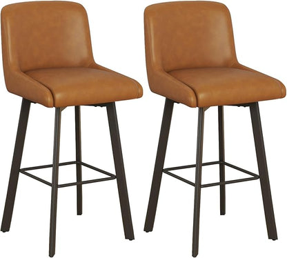 Swivel Counter Height Bar Stools Set of 2, 30''H Upholstered Barstools with Backs, Modern Bar Stool Chairs for Kitchen Island, Metal Legs, Faux Leather, Whiskey Brown Stools Counter Chair