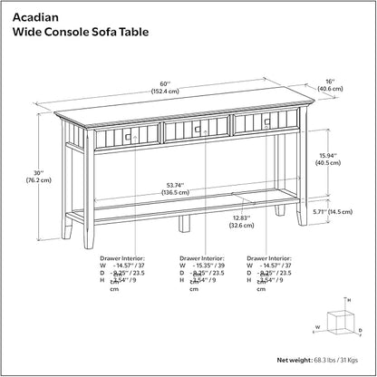 SIMPLIHOME Acadian Console Table - 60 Inch Wide Solid Wood Sofa Table in Brunette Brown, Transitional Storage Table for Entryway or Living Room with 3 Drawers and Open Bottom Shelf
