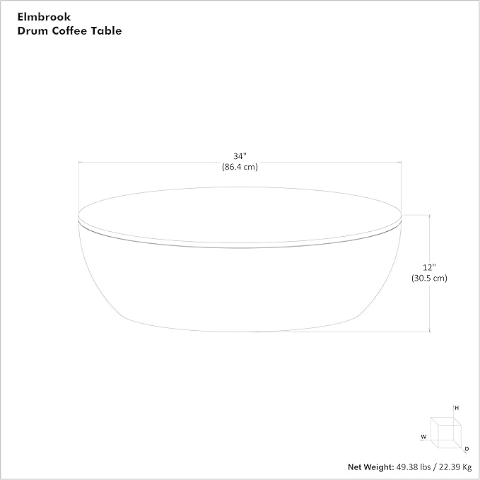SIMPLIHOME Elmbrook Coffee Table - 34 inch Wide Solid Mango Wood Modern Industrial Round Drum Cocktail Table in Natural, Sculptural Living Room Table with Low Profile Design, Assembled