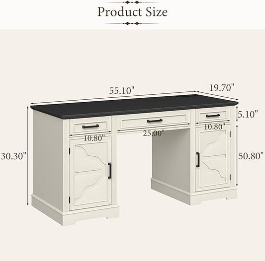 Vabches Computer Desk with File Drawer,Rustic Executive Desk with Drawers Wood Office Desk with Ample Storage Drawers,Farmhouse Large Home Wrting Desk with Drawers for Bedroom,White