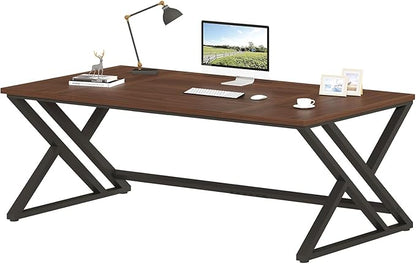LVB Walnut Large Office Desk, Modern Long Wood Metal Computer Desk, Industrial Rustic Double Workstation Desk for Two People, Vintage PC Executive Work Study Writing Computer Table for Home, 78.7 in