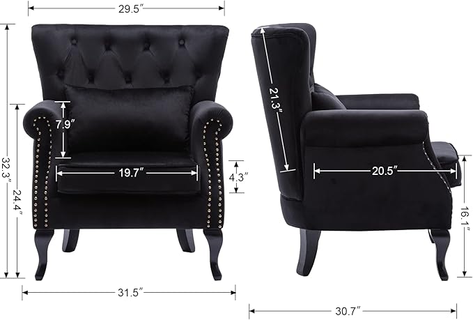 Mid Century Modern Accent Chair Upholstered Armchair Comfy Velvet Fabric Single Sofa with Tufted Wingback for Small Spaces Bedroom Living Room, Black