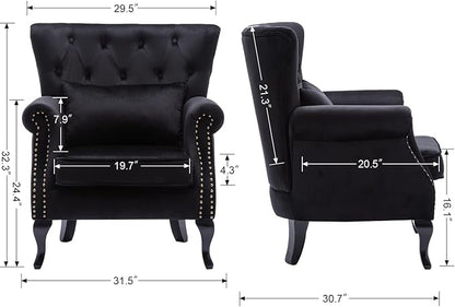Mid Century Modern Accent Chair Upholstered Armchair Comfy Velvet Fabric Single Sofa with Tufted Wingback for Small Spaces Bedroom Living Room, Black