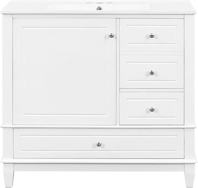 36 Inch Bathroom Vanity with Sink Set, Undermount Vanity Sink Cabinet with 3 Drawers and Door Storage, Soft Closing Door, Wood Frame, White