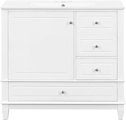 36 Inch Bathroom Vanity with Sink Set, Undermount Vanity Sink Cabinet with 3 Drawers and Door Storage, Soft Closing Door, Wood Frame, White