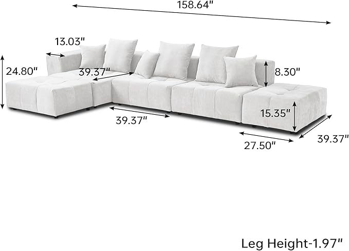 WJShome 158" Oversized Modular Sectional Sofa, L Shaped Couch with Ottoman,Sectional Couches for Living Room,Large Linen Deep Seat with Pillow Couches for Home,Spacious Space,White
