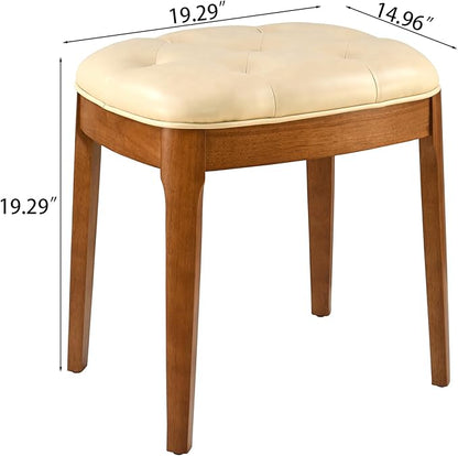 MODERION Vanity Bench with Upholstered, Modern Luxury Wood Stool ,Ottoman Shoe Bench for Living Room, Vanity, Entryway, 19.3"L x 14.9"W x 19.3"H Easy Assembly, Beeswax Leg & Cream Beige Seat FD-HNY-BG